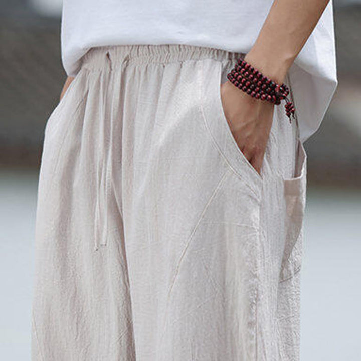 Buddha Stones Solide Kordelzug Herrenhose aus Baumwollleinen mit elastischem Bund und Taschen - image 9