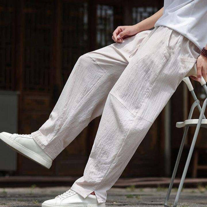 Buddha Stones Solide Kordelzug Herrenhose aus Baumwollleinen mit elastischem Bund und Taschen - image 8