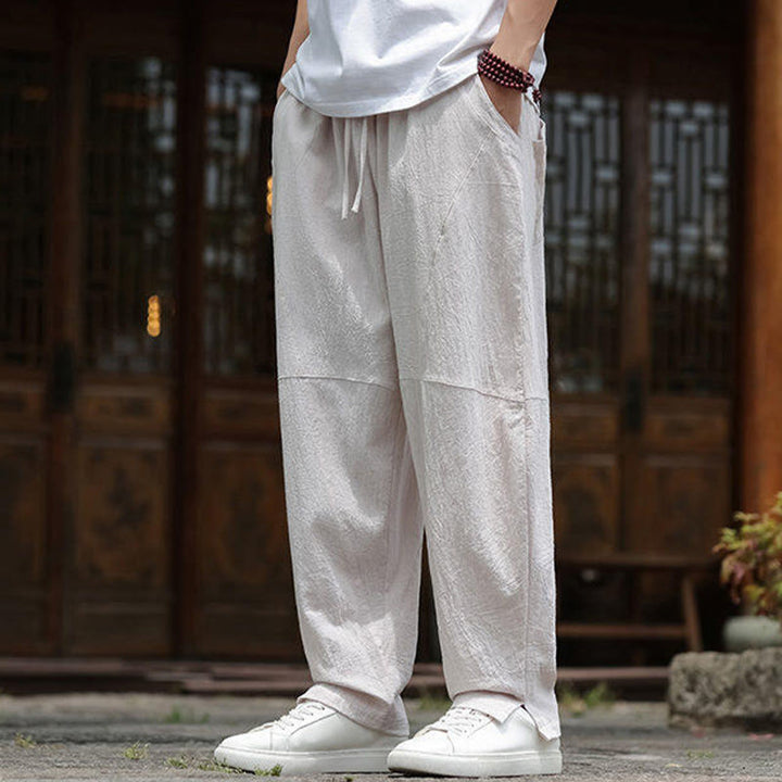 Buddha Stones Solide Kordelzug Herrenhose aus Baumwollleinen mit elastischem Bund und Taschen - image 7