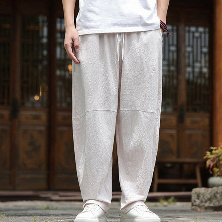 Buddha Stones Solide Kordelzug Herrenhose aus Baumwollleinen mit elastischem Bund und Taschen - image 2