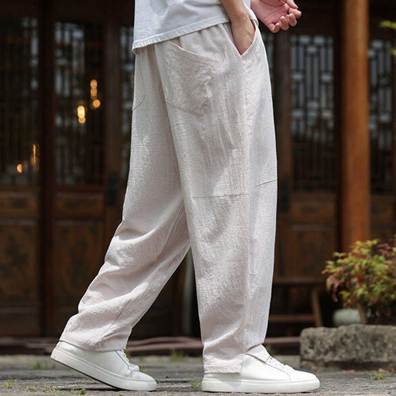 Buddha Stones Solide Kordelzug Herrenhose aus Baumwollleinen mit elastischem Bund und Taschen - image 2