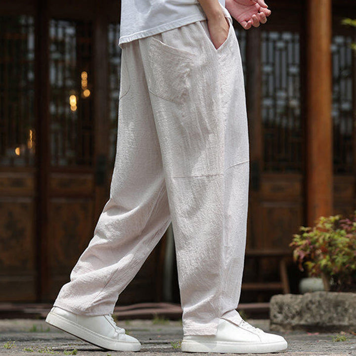 Buddha Stones Solide Kordelzug Herrenhose aus Baumwollleinen mit elastischem Bund und Taschen - image 2