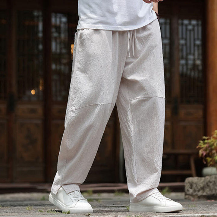 Buddha Stones Solide Kordelzug Herrenhose aus Baumwollleinen mit elastischem Bund und Taschen - image 3