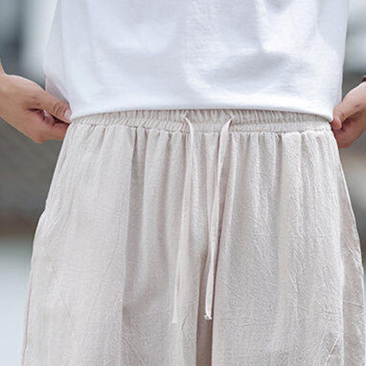 Buddha Stones Solide Kordelzug Herrenhose aus Baumwollleinen mit elastischem Bund und Taschen - image 8