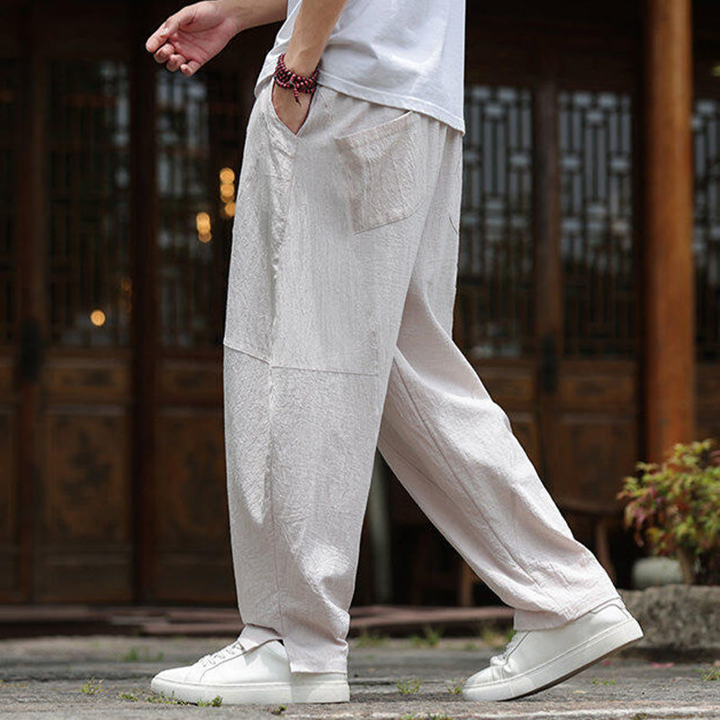 Buddha Stones Solide Kordelzug Herrenhose aus Baumwollleinen mit elastischem Bund und Taschen - image 6