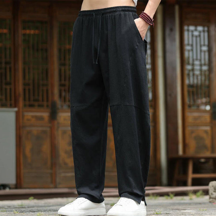 Buddha Stones Solide Kordelzug Herrenhose aus Baumwollleinen mit elastischem Bund und Taschen - image 19