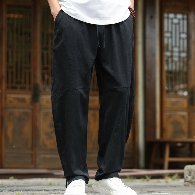 Buddha Stones Solide Kordelzug Herrenhose aus Baumwollleinen mit elastischem Bund und Taschen - image 16