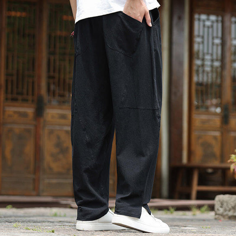 Buddha Stones Solide Kordelzug Herrenhose aus Baumwollleinen mit elastischem Bund und Taschen - image 14