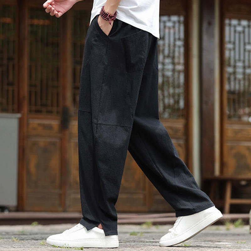 Buddha Stones Solide Kordelzug Herrenhose aus Baumwollleinen mit elastischem Bund und Taschen - image 12