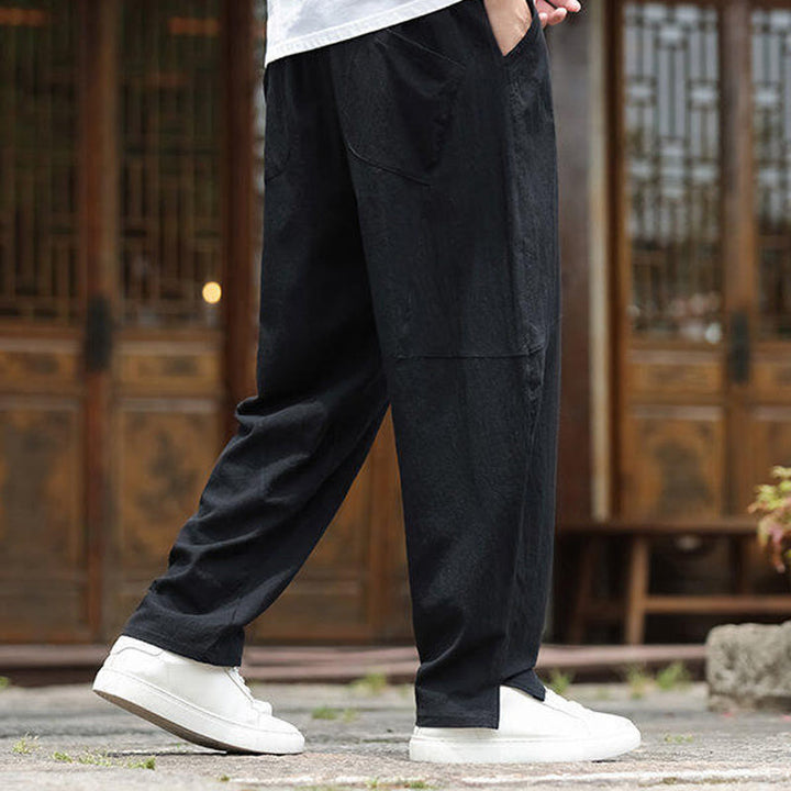 Buddha Stones Solide Kordelzug Herrenhose aus Baumwollleinen mit elastischem Bund und Taschen - image 14