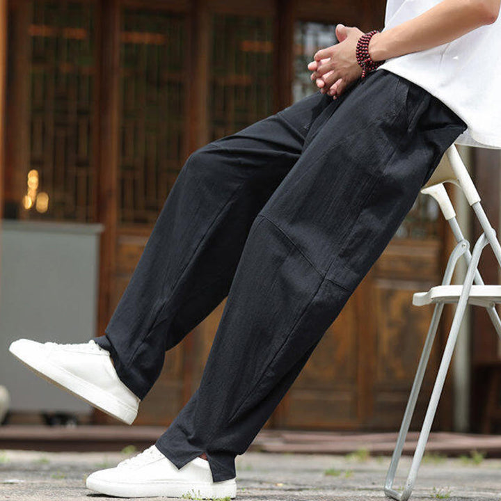 Buddha Stones Solide Kordelzug Herrenhose aus Baumwollleinen mit elastischem Bund und Taschen - image 19