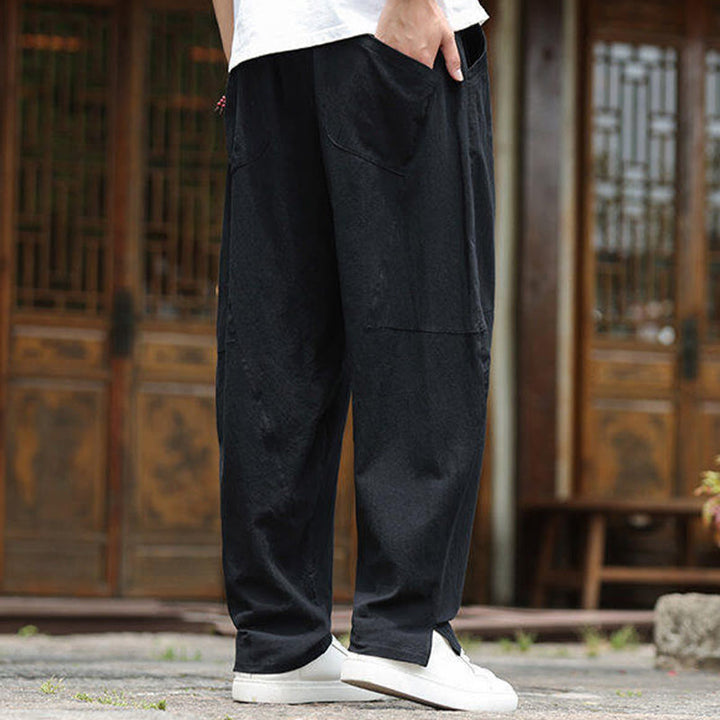 Buddha Stones Solide Kordelzug Herrenhose aus Baumwollleinen mit elastischem Bund und Taschen - image 13