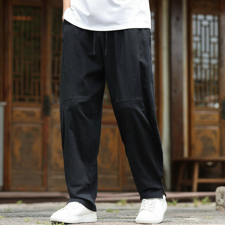 Buddha Stones Solide Kordelzug Herrenhose aus Baumwollleinen mit elastischem Bund und Taschen - image 11