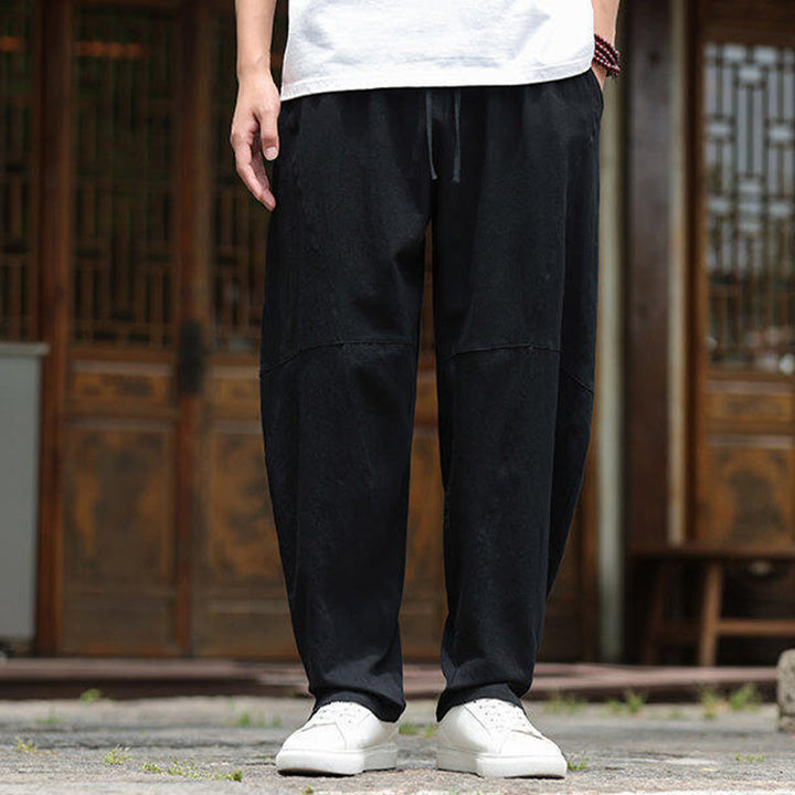 Buddha Stones Solide Kordelzug Herrenhose aus Baumwollleinen mit elastischem Bund und Taschen - image 17