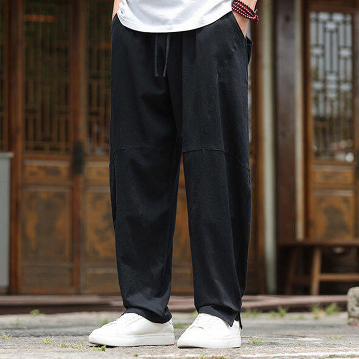 Buddha Stones Solide Kordelzug Herrenhose aus Baumwollleinen mit elastischem Bund und Taschen - image 16