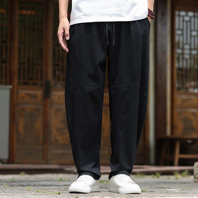 Buddha Stones Solide Kordelzug Herrenhose aus Baumwollleinen mit elastischem Bund und Taschen - image 18