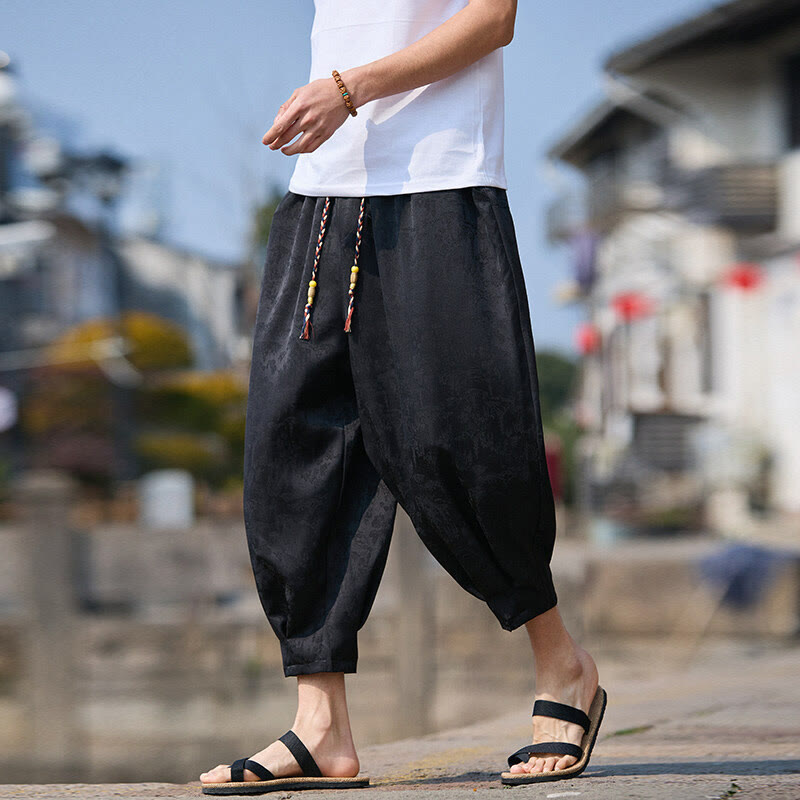 Buddha Stones Sommer Charakter Stickerei Design Kordelzug Herren 7-8 Länge Hose mit Taschen - Schwarz - US/ UK/AU46，EU56 (5XL) - image 0