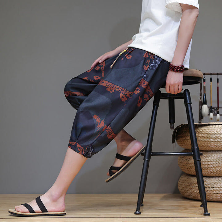 Buddha Stones Sommer Bambus Blätter Blumen Baumwolle Leinen Herren Caprihose mit Taschen - image 20