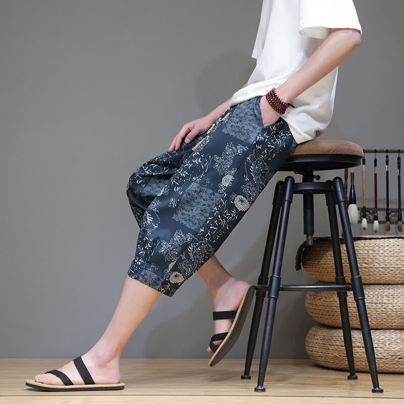 Buddha Stones Sommer Bambus Blätter Blumen Baumwolle Leinen Herren Caprihose mit Taschen - image 8