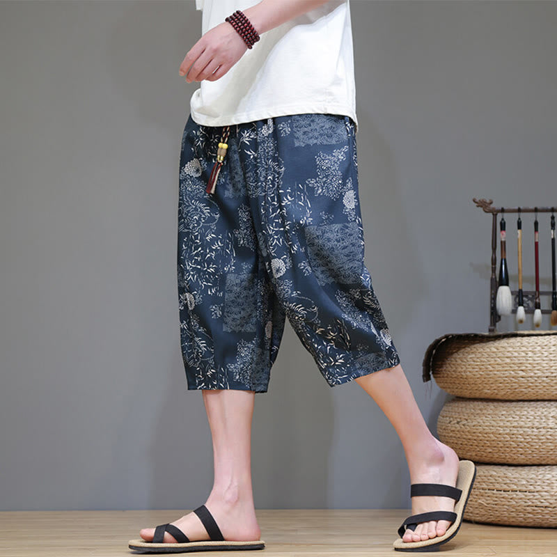 Buddha Stones Sommer Bambus Blätter Blumen Baumwolle Leinen Herren Caprihose mit Taschen - Stahlblau - US/ UK/AU46,EU56 (5XL) - image 1