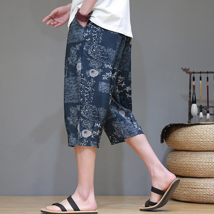 Buddha Stones Sommer Bambus Blätter Blumen Baumwolle Leinen Herren Caprihose mit Taschen - image 1