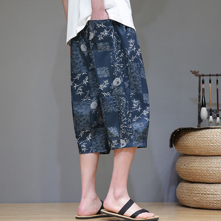 Buddha Stones Sommer Bambus Blätter Blumen Baumwolle Leinen Herren Caprihose mit Taschen - image 4