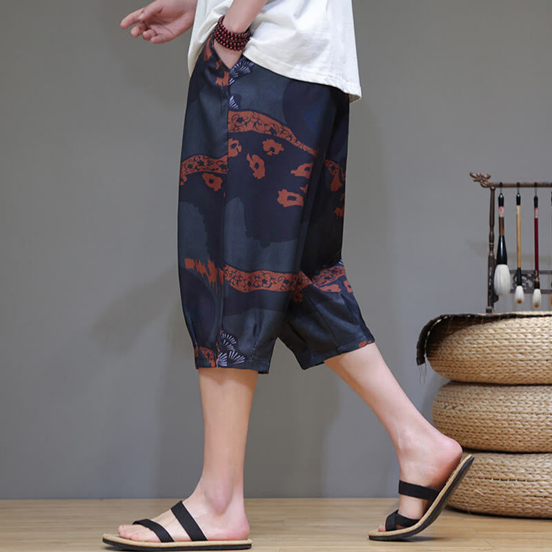 Buddha Stones Sommer Bambus Blätter Blumen Baumwolle Leinen Herren Caprihose mit Taschen - image 15