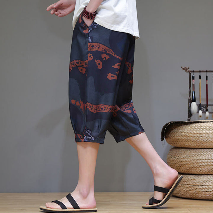 Buddha Stones Sommer Bambus Blätter Blumen Baumwolle Leinen Herren Caprihose mit Taschen - image 15
