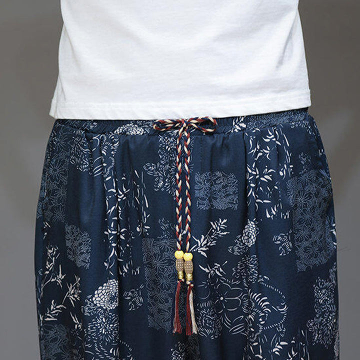 Buddha Stones Sommer Bambus Blätter Blumen Baumwolle Leinen Herren Caprihose mit Taschen - image 9