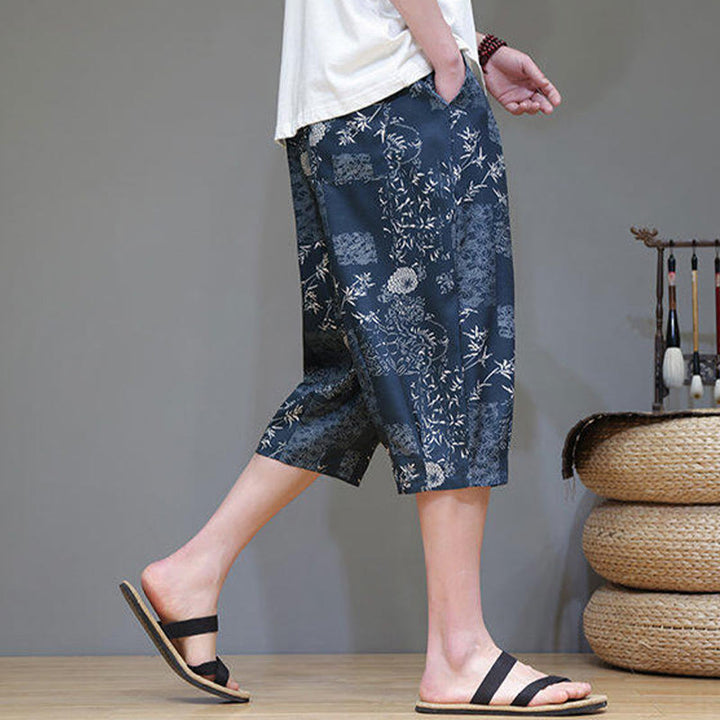 Buddha Stones Sommer Bambus Blätter Blumen Baumwolle Leinen Herren Caprihose mit Taschen - image 7