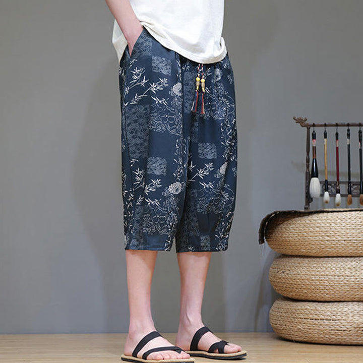 Buddha Stones Sommer Bambus Blätter Blumen Baumwolle Leinen Herren Caprihose mit Taschen - image 7