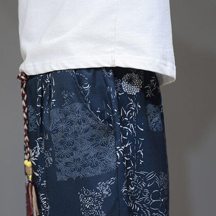 Buddha Stones Sommer Bambus Blätter Blumen Baumwolle Leinen Herren Caprihose mit Taschen - image 11