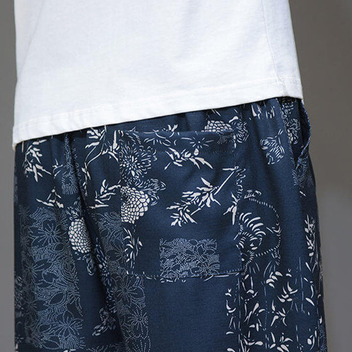 Buddha Stones Sommer Bambus Blätter Blumen Baumwolle Leinen Herren Caprihose mit Taschen - image 11