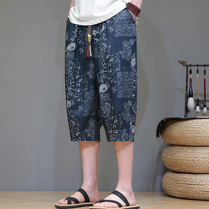 Buddha Stones Sommer Bambus Blätter Blumen Baumwolle Leinen Herren Caprihose mit Taschen - image 3