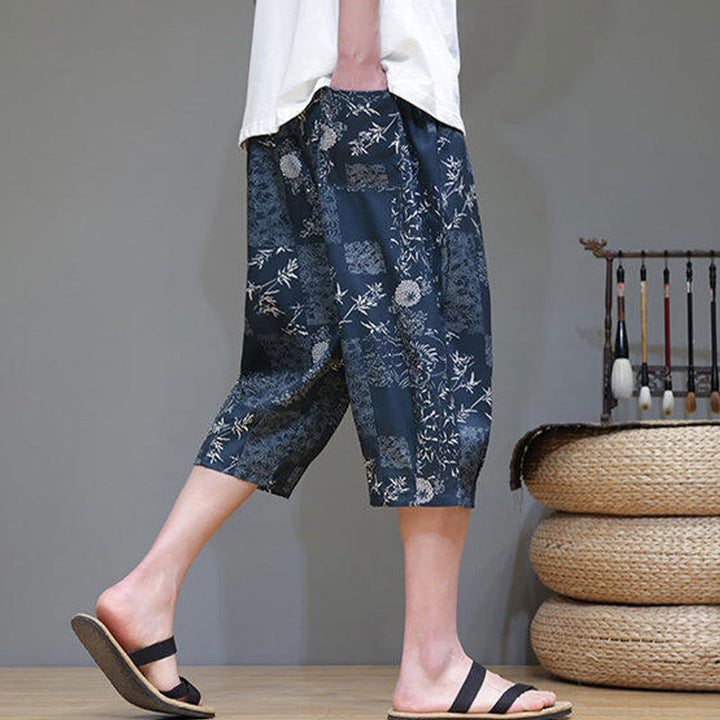 Buddha Stones Sommer Bambus Blätter Blumen Baumwolle Leinen Herren Caprihose mit Taschen - image 3