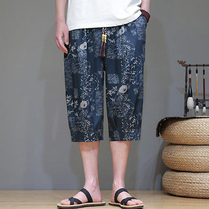 Buddha Stones Sommer Bambus Blätter Blumen Baumwolle Leinen Herren Caprihose mit Taschen - image 5