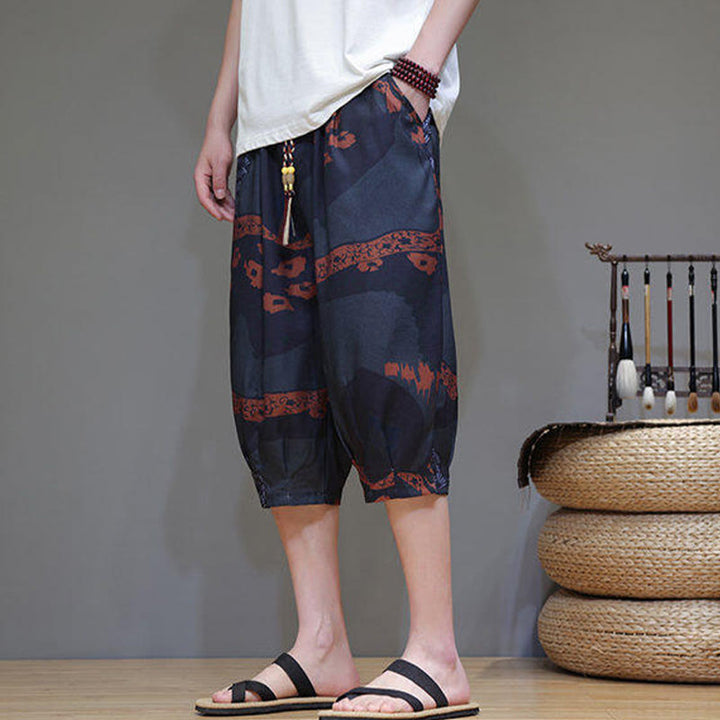 Buddha Stones Sommer Bambus Blätter Blumen Baumwolle Leinen Herren Caprihose mit Taschen - image 19