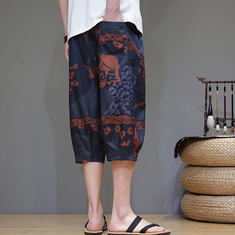 Buddha Stones Sommer Bambus Blätter Blumen Baumwolle Leinen Herren Caprihose mit Taschen - image 17