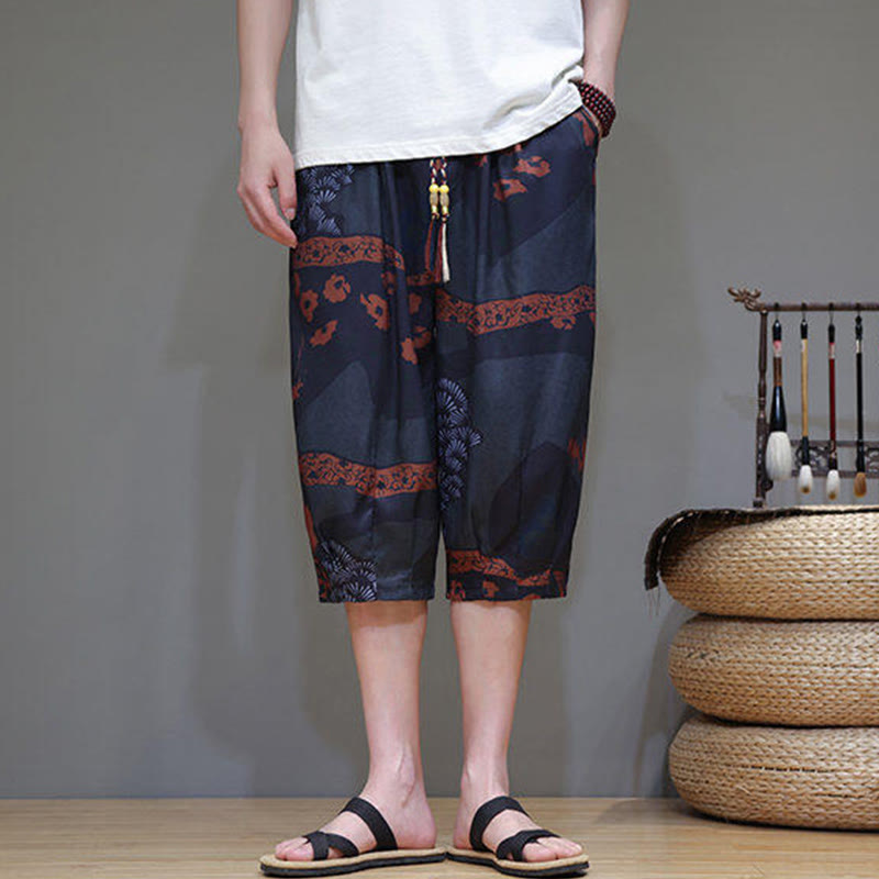 Buddha Stones Sommer Bambus Blätter Blumen Baumwolle Leinen Herren Caprihose mit Taschen - image 18