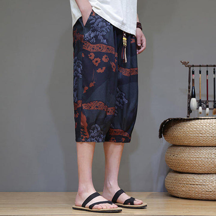 Buddha Stones Sommer Bambus Blätter Blumen Baumwolle Leinen Herren Caprihose mit Taschen - image 15