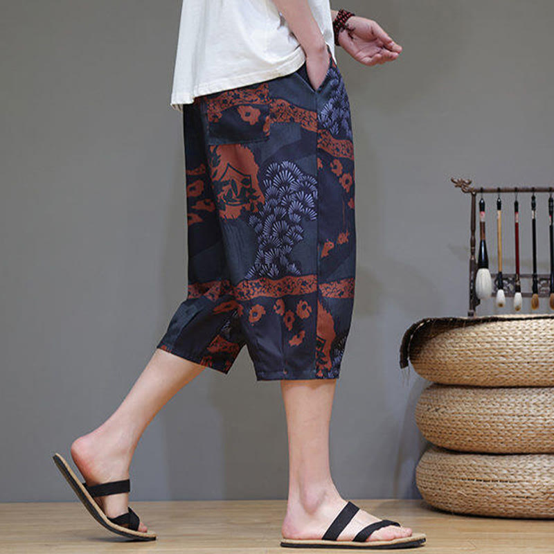 Buddha Stones Sommer Bambus Blätter Blumen Baumwolle Leinen Herren Caprihose mit Taschen - image 16