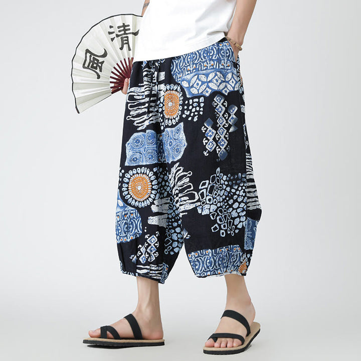 Buddha Stones Sommer Quadrat Patchwork Elefant Mandala Geometrie Baumwolle Leinen Herren 7-8 Länge Hose mit Taschen - image 39