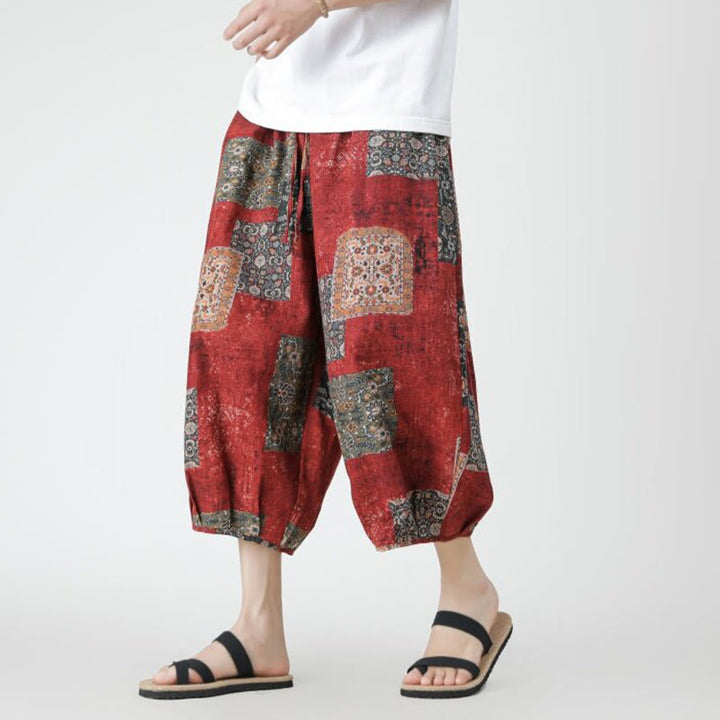Buddha Stones Sommer Quadrat Patchwork Elefant Mandala Geometrie Baumwolle Leinen Herren 7-8 Länge Hose mit Taschen - Rot - US/UK/AU46, EU56 (5XL) - image 0