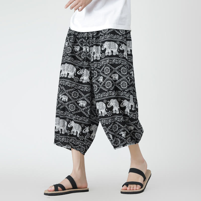 Buddha Stones Sommer Quadrat Patchwork Elefant Mandala Geometrie Baumwolle Leinen Herren 7-8 Länge Hose mit Taschen - Schwarz - US/UK/AU46, EU56 (5XL) - image 41
