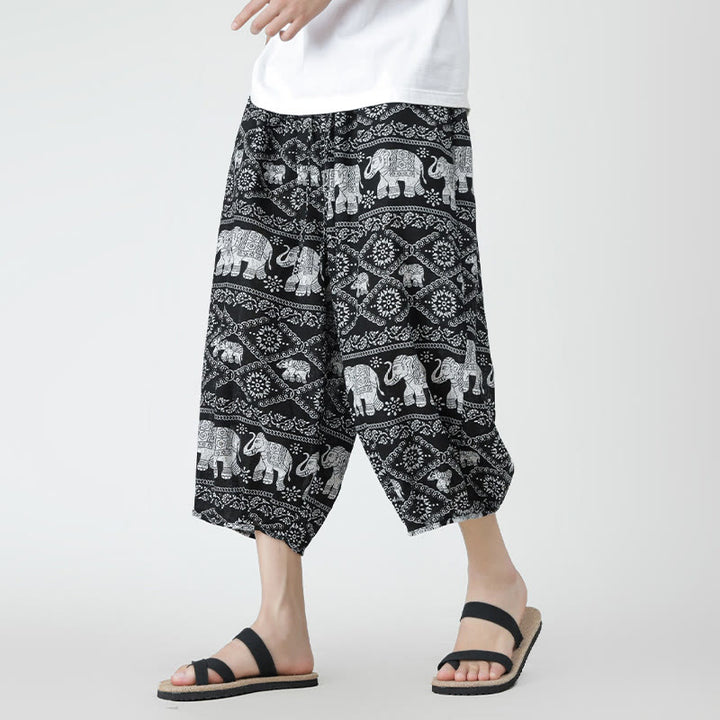 Buddha Stones Sommer Quadrat Patchwork Elefant Mandala Geometrie Baumwolle Leinen Herren 7-8 Länge Hose mit Taschen - Schwarz - US/UK/AU46, EU56 (5XL) - image 41