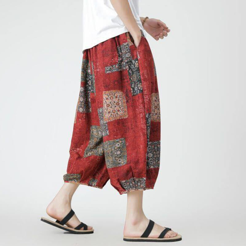 Buddha Stones Sommer Quadrat Patchwork Elefant Mandala Geometrie Baumwolle Leinen Herren 7-8 Länge Hose mit Taschen - image 3