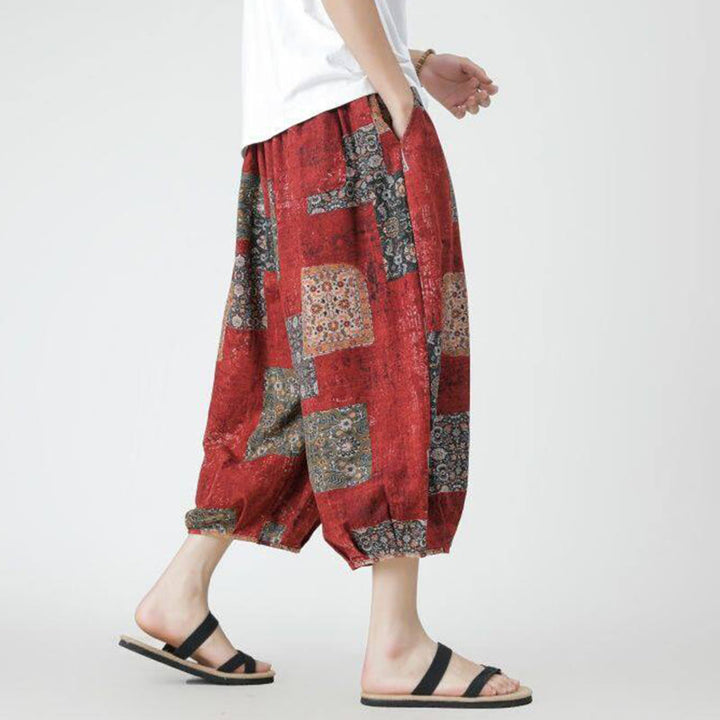 Buddha Stones Sommer Quadrat Patchwork Elefant Mandala Geometrie Baumwolle Leinen Herren 7-8 Länge Hose mit Taschen - image 3