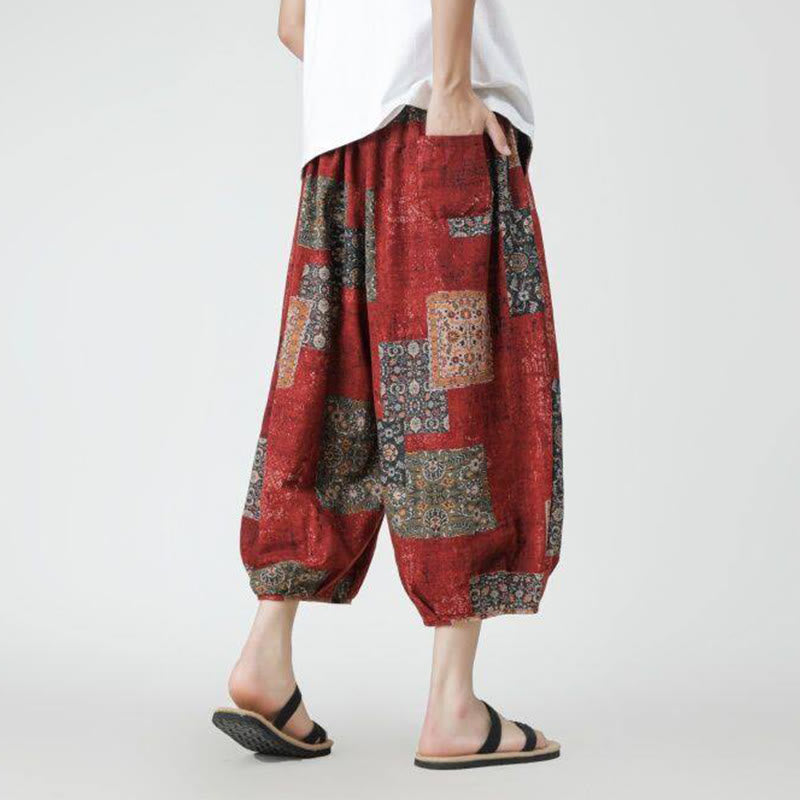 Buddha Stones Sommer Quadrat Patchwork Elefant Mandala Geometrie Baumwolle Leinen Herren 7-8 Länge Hose mit Taschen - image 5