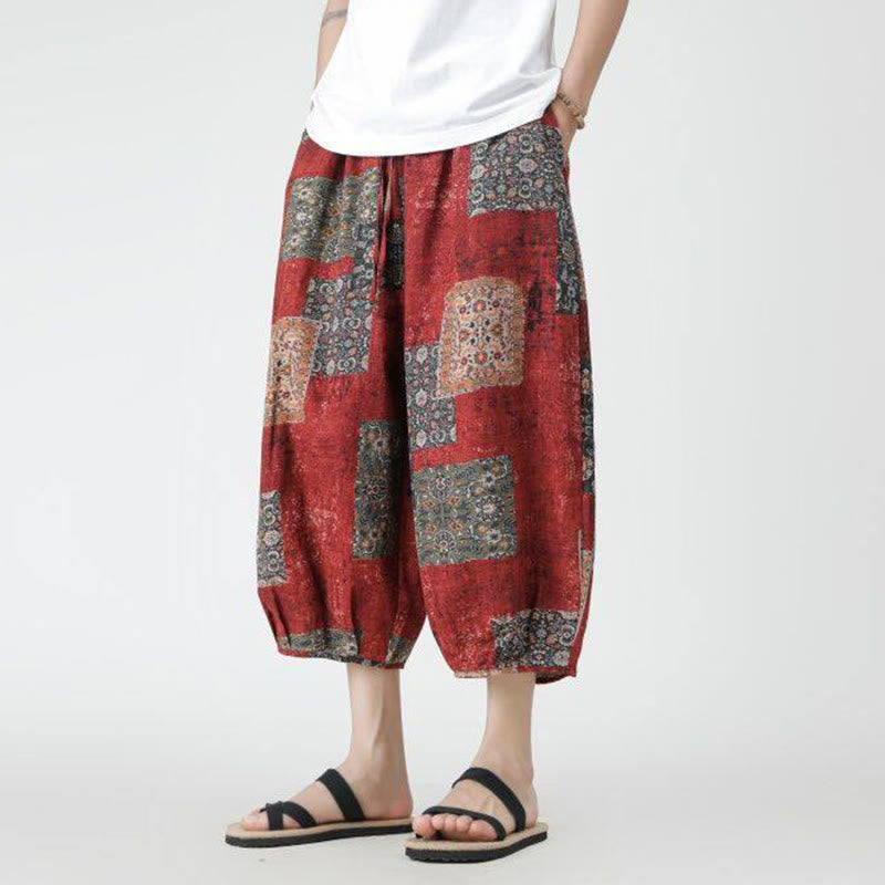Buddha Stones Sommer Quadrat Patchwork Elefant Mandala Geometrie Baumwolle Leinen Herren 7-8 Länge Hose mit Taschen - image 9