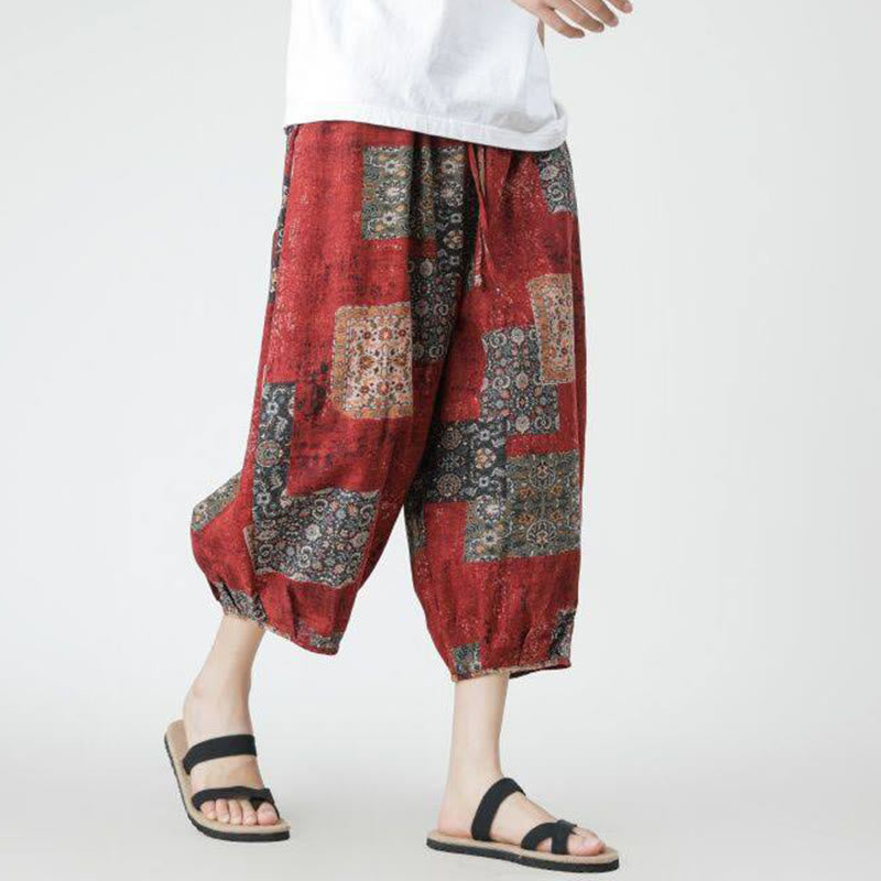 Buddha Stones Sommer Quadrat Patchwork Elefant Mandala Geometrie Baumwolle Leinen Herren 7-8 Länge Hose mit Taschen - image 6